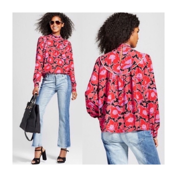 Who What Wear Tops - Who What Wear Red Floral High Neck Blouse
